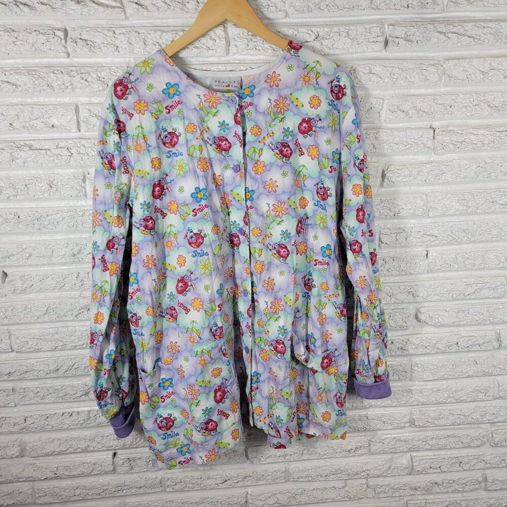 Peaches Scrub Top 2XL Plus Lavender Ladybug Long Sleeve Button Up Cotton NOV187E